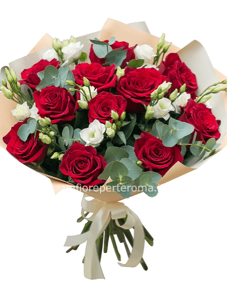 Bouquet di rose rosse e lisianthus.